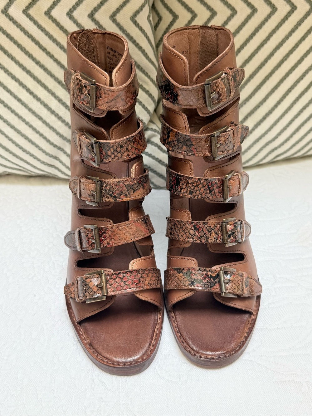 Vintage Foundry Co Gladiator Style Snake Skin Leather Heeled Boots